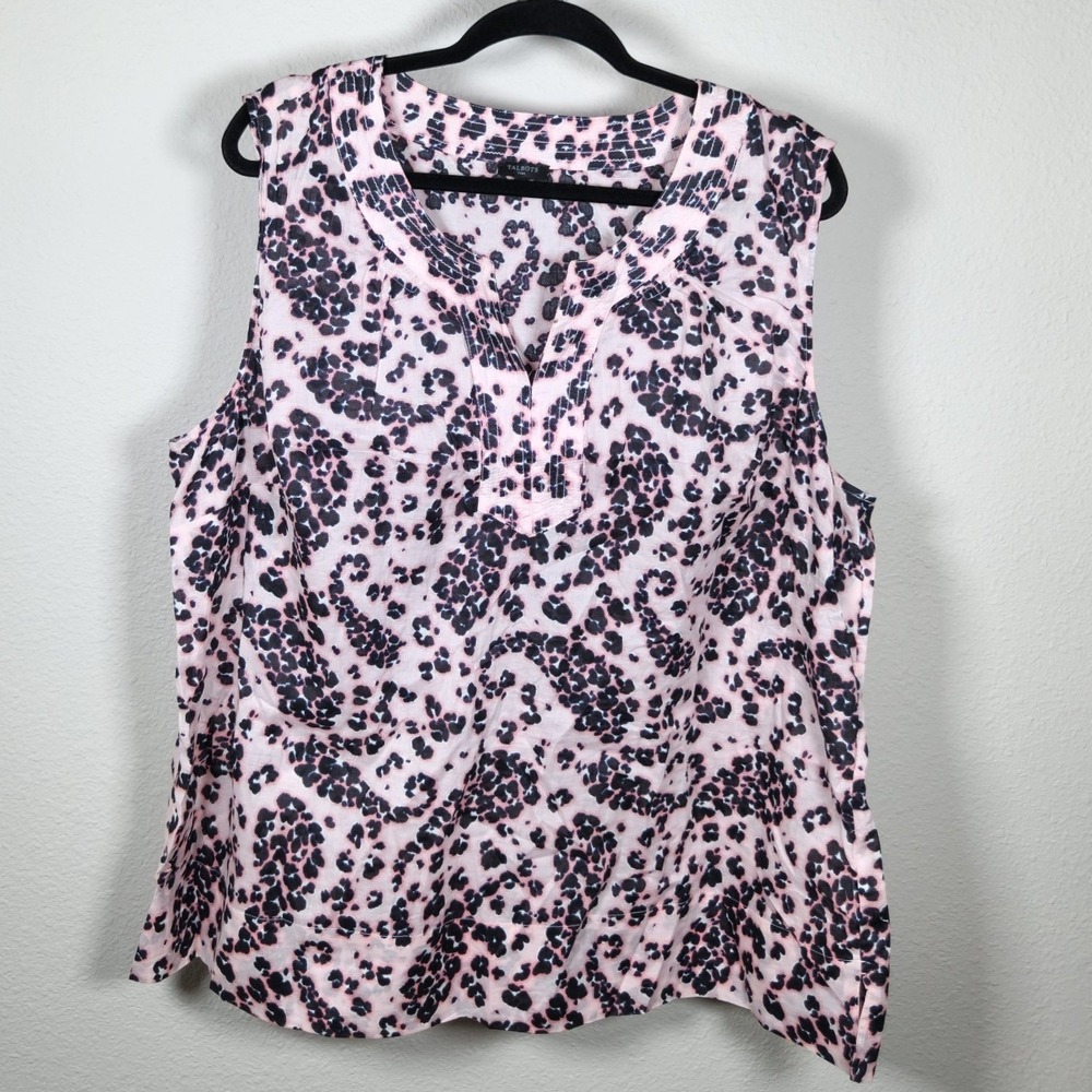 Talbots Plus Womens 2X Pink Navy Leopard Print Cotton Split Neck Sleeveless Top
